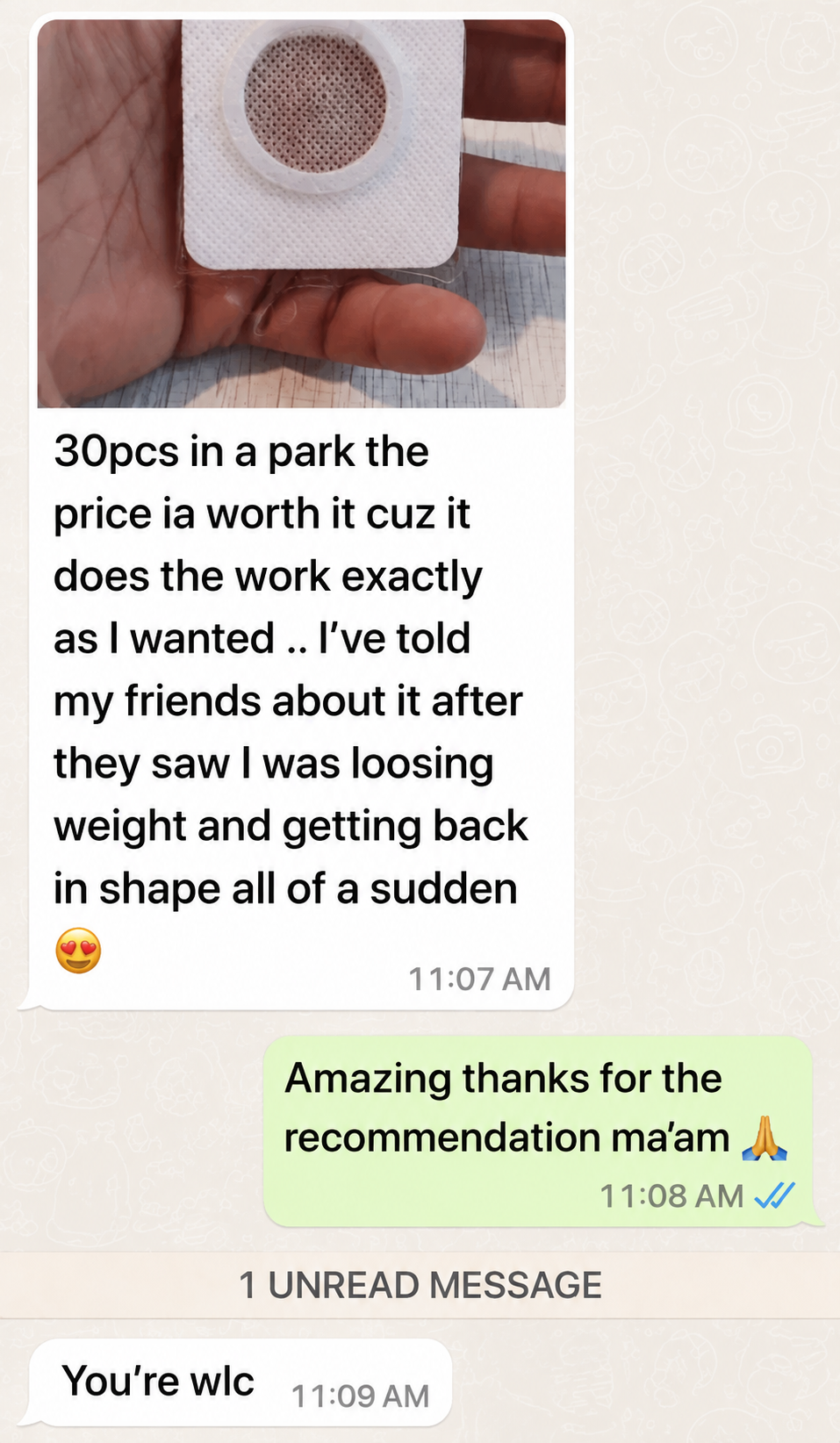 WhatsApp message from a customer about the patch